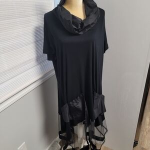 Art To Wear Dress Croatia European Black Short Sleeve Cowl Neck Mesh Hem L/XL